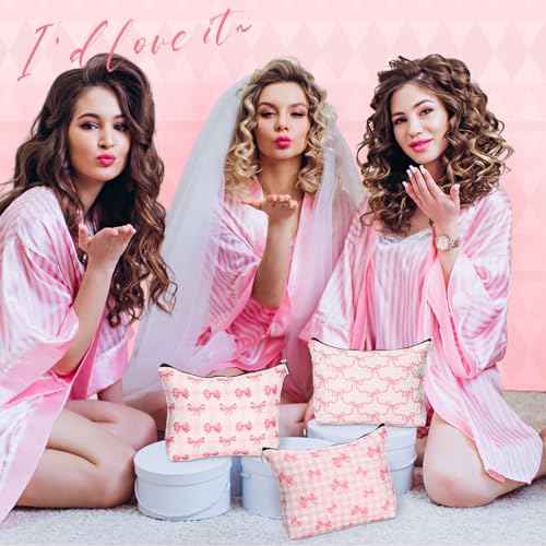 Kacctyen 6 Pack Pink Coquette Bow Makeup Bag Preppy Cosmetic Bags Zipper Pouch Travel Toiletry Bag Pink Trendy Pouch Bag Gift for Coquette Birthday Paty Favor Girls Travel Storage Accessories