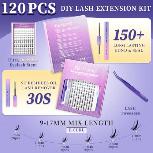 Wispy Eyelash Extension Kit 120pcs Clusters Lashes Natural DIY Lash Clusters Kit 9-17mm with Bond and Seal, Lash Remover - Water-resistant, Helps Reduce Clumping, 0.05mm Ultra-thin Fiber Shape