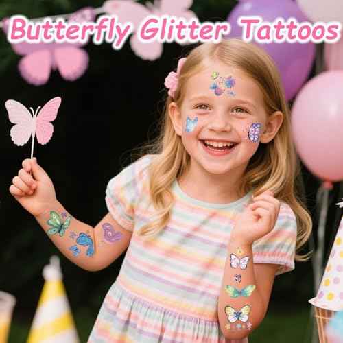Mermaid Unicorn Glitter-Tattoos for Girls - 180Pcs Butterfly Individually Glitter Tattoos Temporary for Kids Pre-cut Design Waterproof Goodie Bags Stuffers School Birthday Party Favors Supplies Decor