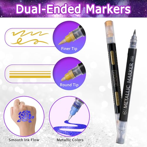Temporary Tattoo Markers with 8 Stencils - 10 Dual-End Metallic Pens