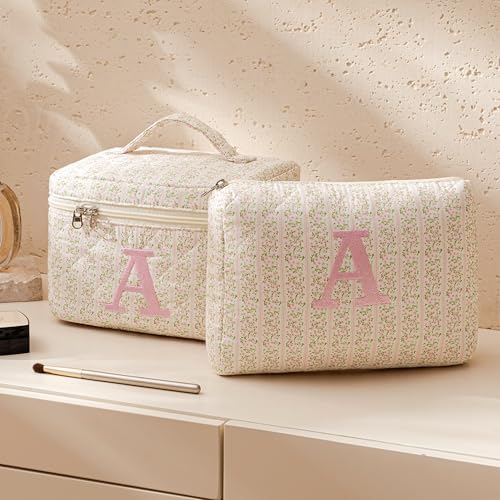 HBselect 2Pcs Initial Quilted Makeup Bag, Pink Cosmetic Travel Toiletry Bag, Flowers Coquette Zipper Make Up Pouch Organizer Teen Girl Gift Trendy Stuff T