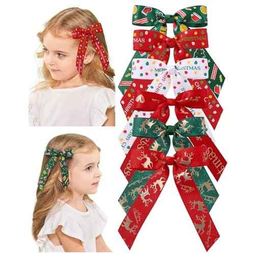 doboi 6 Pcs Christmas Hair Bows for Girls - 4.3 Inches Handmade Toddler Bows With Alligator Clips - Glitter Hair Accessories for Baby Girls Teens Kids
