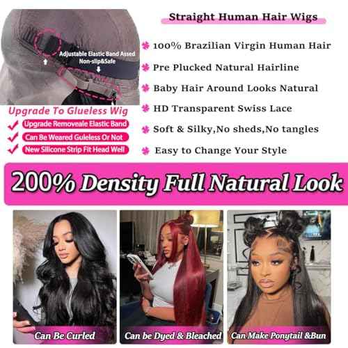 TAIKOU 28 Inch 13x6 Lace Front Wigs Human Hair 200 Density Pre Plucked Straight Lace Front Wigs with Baby Hair HD Lace Frontal Straight Wig for Women