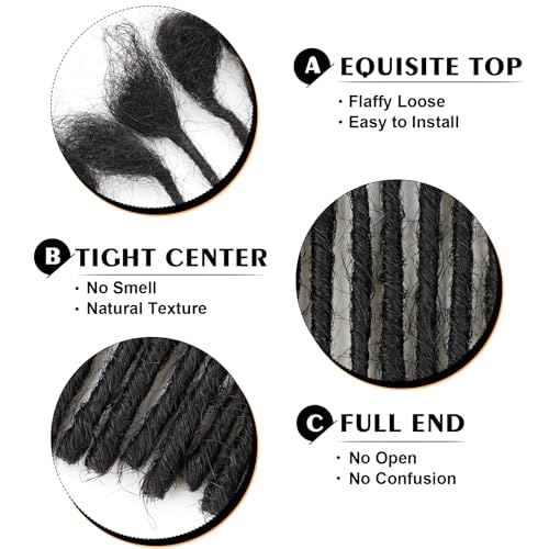 8inch 60 Strands 0.2cm Width 100% Human Hair Dreadlock Extensions, Full Handmade Loc Extensions Human Hair for Men Women Kids, Permanent Dread Extensions(Natural Black)