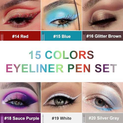 15-Color Eyeliner Pen Set - Waterproof Metallic Eye Makeup Kit