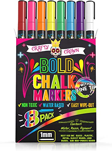 CHALKY CROWN Bold Chalk Markers - Dry Erase Marker Pens - Liquid Chalk Markers for Chalkboards, Signs, Windows, Blackboard, Glass - Reversible Tip (8 Pack) - (Multicolored, 1mm)