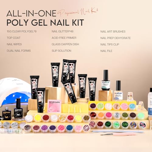 Morovan Poly Gel Nail Kit: 8 PCS Poly Gel Starter Kit With 48W U/V Lamp, DIY At Home Beauty Gifts