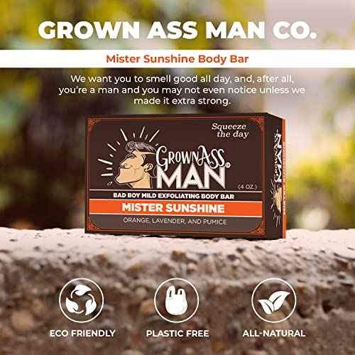 Grown Ass Man Co. Exfoliating Body Bars - Solid Soap with Natural Oils & Gentle Scrub - Plastic Free & Eco-Friendly, Natural & Organic for All Skin, 4oz Bar - Mister Sunshine - Mild Exfoliant, 6-Pack