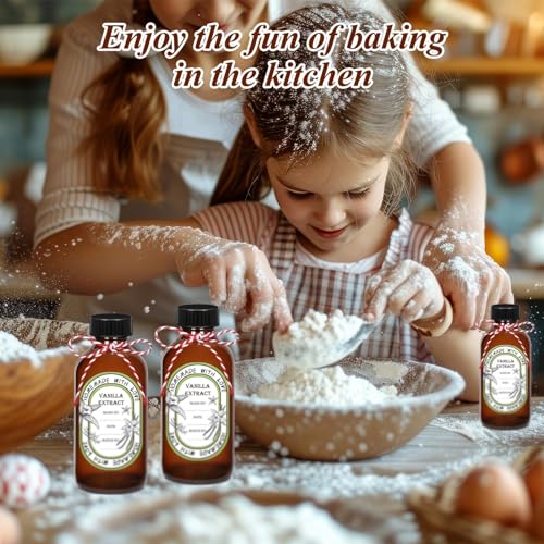 12 Pack 2 oz Vanilla Extract Bottles with Black Poly Cone Caps and 12 Pcs Vanilla Extract Stickers, 60ml Boston Round Sample Bottles for Homemade Vanilla Extract, Essential Oils, Herbal Medicine (2oz)