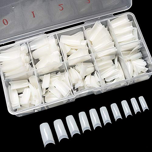 Krofaue 500pcs Clear French Half Cover Acrylic Nail Tips - 10 Sizes with Box