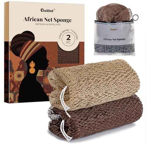 CORATED African Net Sponge Authentic, Shower Loofah Exfoliating Bath Sponge, Body Scrubber for Women and Men Daily Use Body Care, Travel Portable, Durable Bath Accessories for Bathroom (Linen & Brown)