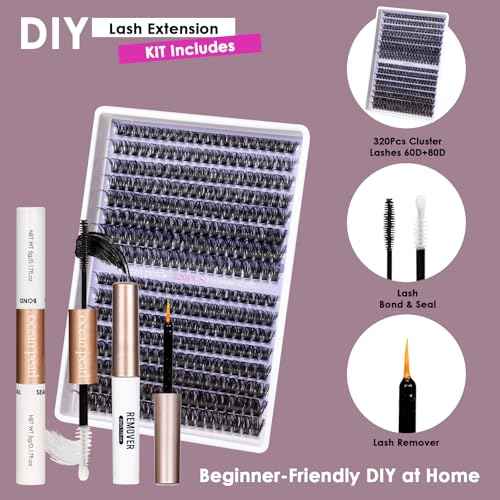 Ocean Pearl Lash Clusters 320pcs 3D Thick Lash Clusters kit 60D+80D Lashes,Eyelashes,Lash Extension Kit,Eyelash Clusters with Lash Bond&Seal&Remover&Tweezers,Lashes Clusters Eyelash Extensions Kit