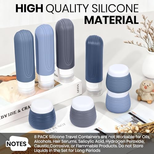 Travel Toiletry Bottles 8 Pack - TSA Approved Silicone Containers Kit with Jars & Labels
