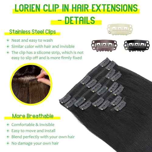 LORIEN Clip in Hair Extensions Real Human 100g 100% Brazilian Remy on 8pcs Per Set with 18Clips Double Weft (18 Inch, #1 Jet Black Color)