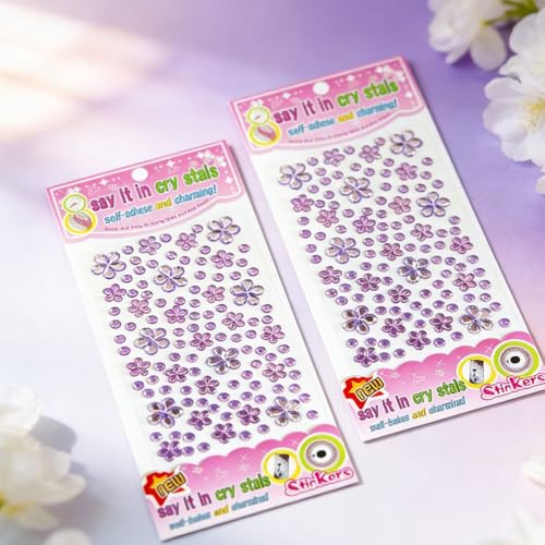 Purple Flower Face Gems Stickers - 2 Sheets Self Adhesive Rhinestones