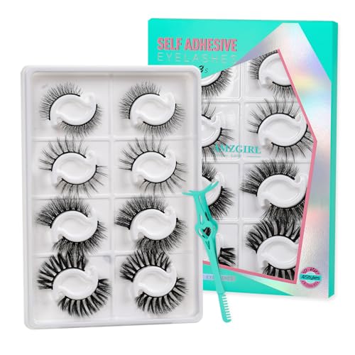 Self Adhesive Eyelashes No Glue Needed, Lash Clusters 8 Pairs Reusable Adhesive Eyelashes,Waterproof Wispy Lashes with Tweezer for Lash Extension at Home by AMZGlRL(4styles-07 D-mix 8-17mm)