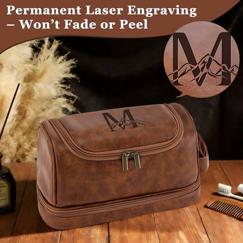 Personalized Hanging Travel Toiletry Bag for Men, Laser-Engraved Monogrammed Initial Shaving Bag for Toiletries Valentines Anniversary Cool Gifts for Men Husband Boyfriend Reddish Brown T