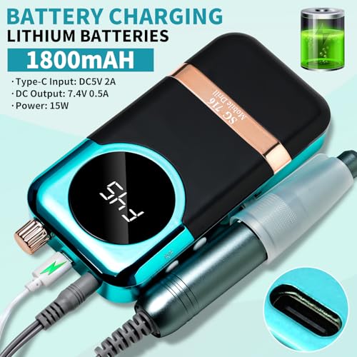 LIMEGIRL Professional Electric Nail Drill Kit 45000RPM Portable Cordless Toenail Cordless Toenail Machine with 14 Drill Bits and Base for Women (Green)