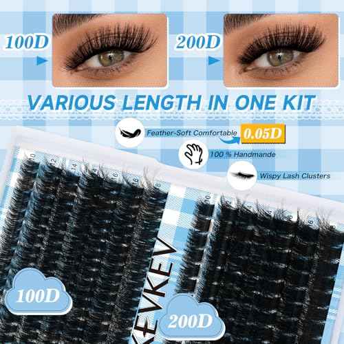 Lash Clusters 100D+200D 3D Volume Eyelash Clusters 10-18mm Thick Individual Lashes 231pcs D Curly Cluster Eyelash Extensions Soft DIY Lash Extension At Home(0.05D,100D+200D)