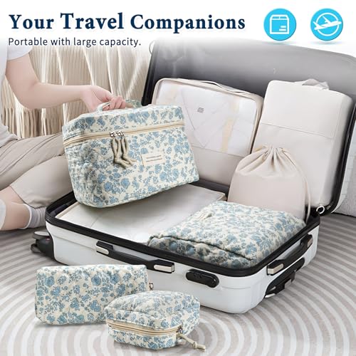 NATINSA 4-Piece Sky Blue Quilted Cosmetic & Travel Makeup Bag Set for Women