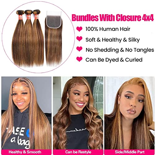 Brazilian Human Hair Bundles With 4x4 Closure P4/27 Honey Blonde