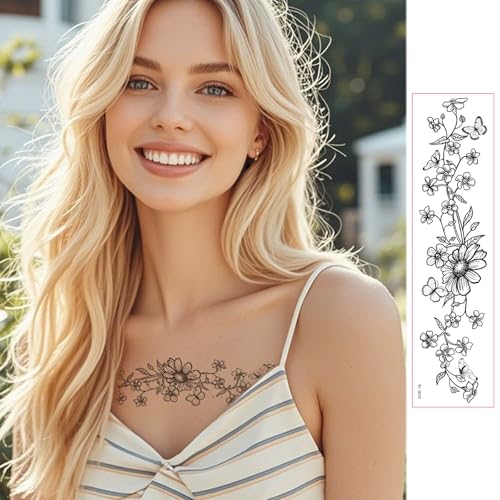 Floral Temporary Tattoos Long Black Butterfly Wild Flower Waterproof Fake Tattoos 10 Sheets Body Art Stickers for Women(Black flowers-10A)