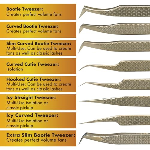Slim Curved Bootie Tweezer - Diamond Grip Lash Tweezers for Eyelash Extensions - Fiber Tip Lash Tweezers for Classic & Volume Lash Extensions ? Gold