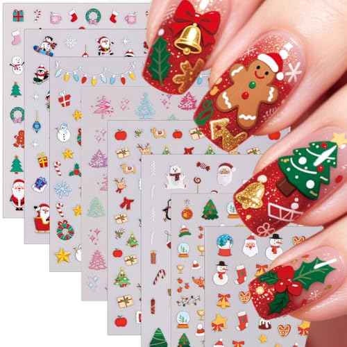 Christmas Nail Stickers - Christmas Nail Decals with Santa Claus Snowflake Elk Deer Snowman Xmas Tree Designs Winter 3D Xmas Nail Art DIY Decor Holiday Nail Stickers for Women (8 Sheets)