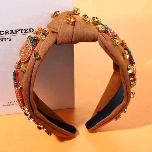Thanksgiving Fall Headband for Women Thanksgiving Accessories Beaded Turkey Maple Leaf Pumpkin Knotted Headband Embellished Jeweled Rhinestone Pearl Top Knot Hairband Autumn Fall Outfit Holiday Gifts