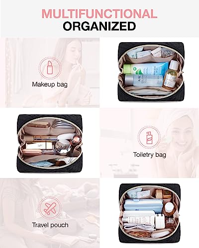 BAGSMART Large Black Travel Makeup Bag with Wide-Open Zipper & Quilted Water-Resistant Exterior