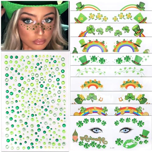St. Patrick's Day Face Tattoo Stickers with Green Rhinestones