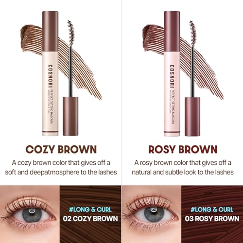 COSNORI Perfect Setting Waterproof Mascara Long&Curl 02 Cozy Brown ? Long Lasting Smudge - Brown Mascara - Soft Definition for Blue & Green Eyes - K Beauty - 0.23fl oz (7ml)