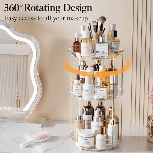 Delamu 360° Rotating Makeup Organizer 3-Tier Clear Vanity Organizer (3 Tier, 9.3")