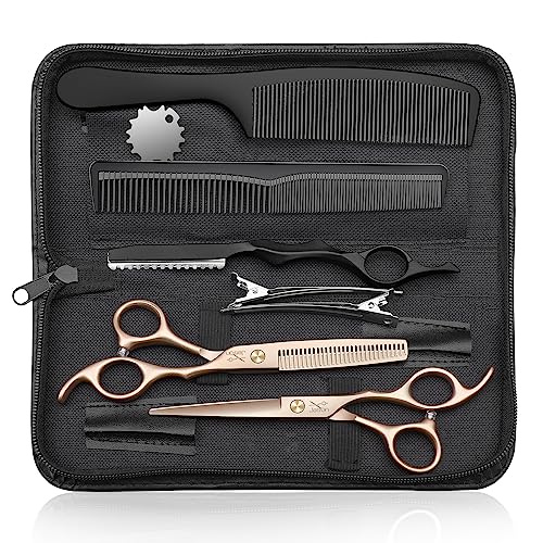 JASON Hair Cutting Scissors Kit - Professional 10 PCS Haircut Scissors Set with 6.7" Thinning/Texturizing Scissors, Straight Shears for Men Women Home Salon Barber (30 Teeth, Rosegold)