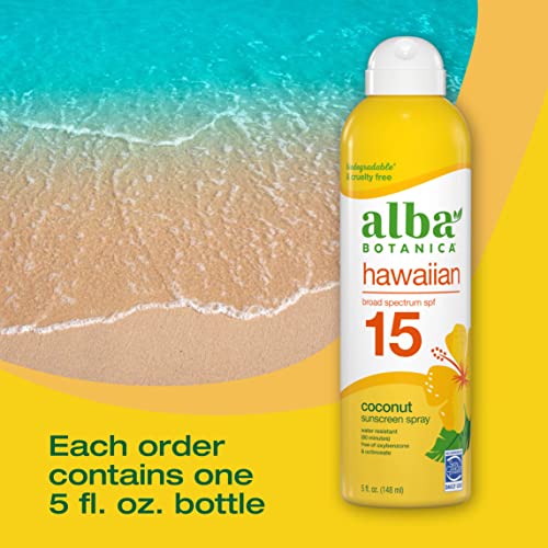 Alba Botanica Sunscreen Spray for Face and Body, Broad Spectrum SPF 15 Sunscreen, Hawaiian Coconut, Water Resistant and Biodegradable, 5 fl. oz. Bottle