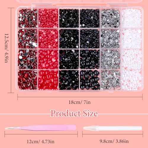9000 Pcs Flatback Pearls and Jelly Resin Rhinestones for Crafting, Red White Black Mixed Size 3-8mm Jelly Rhinestones and Pearls Nail Jewels, Bedazzling Crystal Nails Art, Tweezer and Pickup Pencil