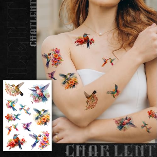 Watercolor Hummingbird Temporary Tattoos for Women - 9 Large Sheets Hummingbird Tattoo with Flowers, Waterproof Fake Body Art Birds Tattoo Stickers