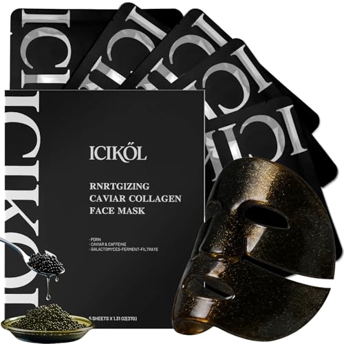 24K Gold & Caviar Collagen Face Mask, 5 Pack ? Luxurious Hydrating Facial Treatment, Firming Appearance ? Supports a Radiant, Rejuvenated Look Overnight