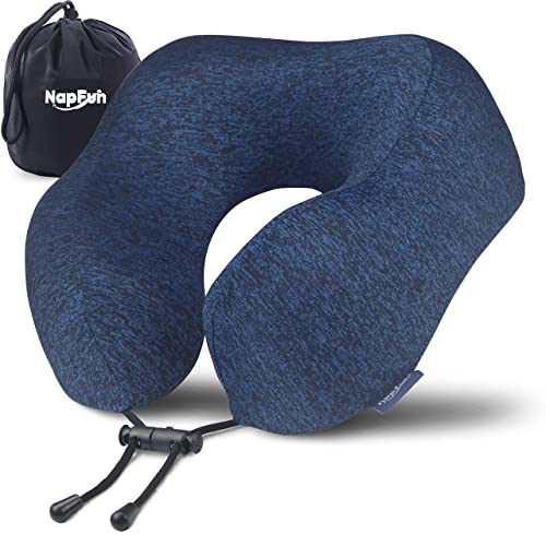 napfun Neck Pillow for Traveling, Upgraded Travel Neck Pillow for Airplane 100% Pure Memory Foam Travel Pillow for Flight Headrest Sleep, Portable Plane Accessories, Full Dark Blue, Medium (120-200LB)