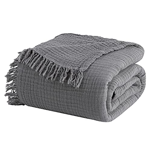 EMME Muslin Throw Blanket 100% Cotton Throw Blankets for Couch Breathable Gauze Blanket with Tassel All Season Soft and Lightweight Pre-Washed Cotton Blanket (Grey, 50"x60")