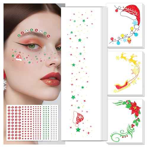 EMOME Christmas Decorations, Christmas Glitter Faux Freckles Face Tattoos with Red Green White Face Gems, Christmas Face Paint Makeup Kit for Women, Kids, Party Favors, Xmas Stocking Stuffers