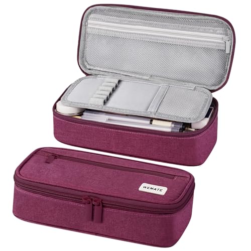 WEMATE Pencil Case, Big Capacity Pencil Pouch Stationery Pen Bag, Storage High Capacity Bag Pouch Holder Box Organizer, Marker Pen Case for Women & Men Purple Red