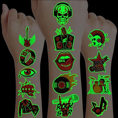 96 PCS Born to Rock and Roll Pre-Cut Luminous Glow in The Dark Temporary Tattoos for Kids | Super Cute Themed Birthday Party Favors Supplies Decorations, Music Fake Tattoos Gifts for Boys Girls