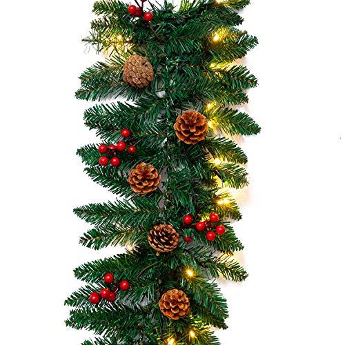 Joiedomi 9Ft Artificial Christmas Garland Prelit with 100 LED Lights, 27 Pine Cones, 27 Red Berries for Home & Office Christmas Decorations (Battery Powered, Batteries not Included)