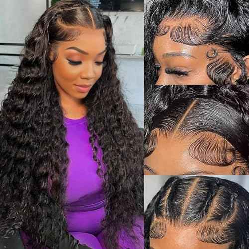 13x6 Deep Wave Wigs Human Hair Deep Wave Lace Front Wigs Human Hair 200% Density HD Lace Frontal Wigs for Balck Women Pre Plucked Glueless Deep Curly Wig Natural Black (32 Inch)