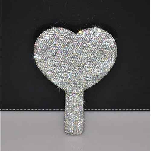Wowagoga Sparkling Rhinestone Heart Shaped Handheld Mirror Heart Mirror Cosmetic Hand Mirror with Handle Cute Hand Mirror for Women Girls(White)