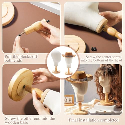 Canvas Wig Head Stand with Wooden Base - Professional Mannequin