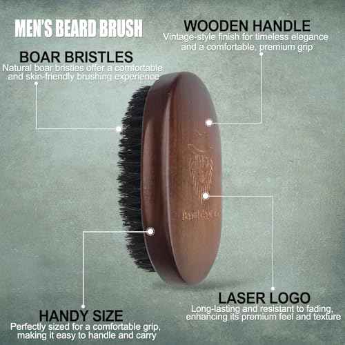 100% Boar Bristle Beard Brush for Man ? Retro Wooden Handle, Promotes Beards Growth & Softens, Travel Size