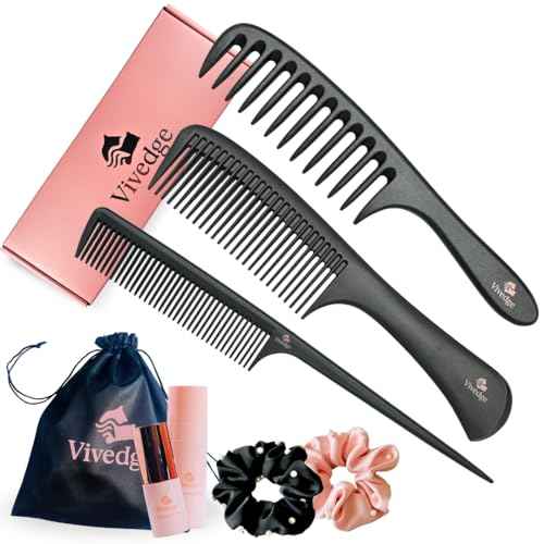 VIVEDGE| Curly Hair Comb Set | Carbon Fiber Detangler Wide Tooth Parting Combs anti static frizz-free with Premium Acccessories for Styling | Gift set for loved ones (Black-Pink)