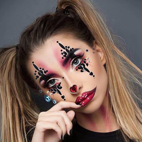 Halloween Clown Face Gems Jewels, Day of the Dead Rhinestone Face Jewels Temporary Skull Tattoos for Women Halloween Makeup Costume